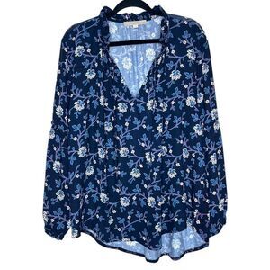 LOFT Women's Floral Peasant Navy Blue Blouse XL